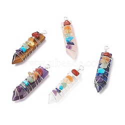 Chakra Natural Mixed Stone Big Pendants, with Silver Tone Copper Wire Wrapped and Natural & Synthetic Gemstone Chips, Sword Charms, Mixed Dyed and Undyed, 61~63x14~15x12~14mm, Hole: 4.5mm(PALLOY-JF01907)
