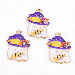 Light Gold Tone Alloy Enamel Pendants, Cadmium Free & Lead Free, Halloween, Ghost with Hat and Candy, White, 25.2x17.8x1.2mm, Hole: 1.5mm(ENAM-T018-23)