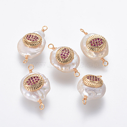 Natural Pearl Links connectors, with Brass Micro Pave Cubic Zirconia Findings, Nuggets with Evil Eye, Golden, Deep Pink, 22~25x12~14x6~8mm, Hole: 1.6mm(PEAR-L027-10D)