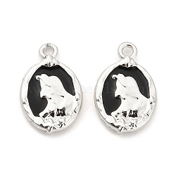 Rack Plating Alloy Black Enamel Pendants, Oval with Girl Charm, Platinum, 20x13x3mm, Hole: 1.6mm(PALLOY-Q005-11P)