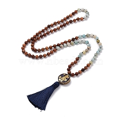 108 Mala Prayer Beads Necklace, Grooved Guan Yin Flat Round with Tassel Pendant Necklace, Round Natural Flower Amazonite & Wood Beads Necklace, Prussian Blue, 40.94 inch(104cm)(NJEW-JN03740)