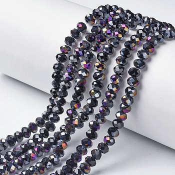 Electroplate Opaque Glass Beads Strands, Half Purple Plated, Faceted, Rondelle, Black, 4x3mm, Hole: 0.4mm, about 145pcs/strand, 18.9 inch(48cm)