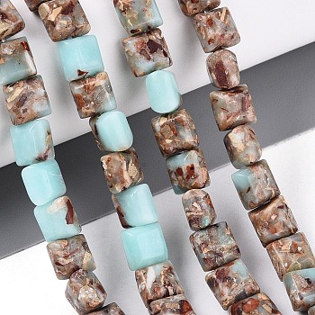 Synthetic Aqua Terra Jasper Beads Strands, Impression Jasper, Square, 6~6.5x6~6.5x4~5mm, Hole: 1mm, about 64~65pcs/strand, 15.75~16.14 inch(40~41cm)