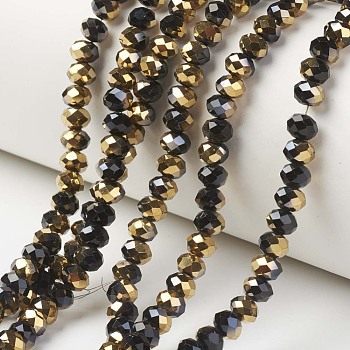 Electroplate Opaque Glass Beads Strands, Half Golden Plated, Faceted, Rondelle, Black, 6x5mm, Hole: 1mm, about 85~88pcs/strand, 16.1~16.5 inch(41~42cm)