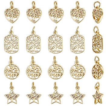 24Pcs 4 Style Rack Plating Brass Charms, with Jump Ring, Lead Free & Cadmium Free, Hollow, Heart/Flat Round/Star/Rectangle with Tree of Life Charm, Real 18K Gold Plated, 12~13x10~10.5x1.5mm, Hole: 3mm, 6pcs/style