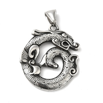 304 Stainless Steel Manual Polishing Pendants, Dragon Charms, Antique Silver, 38x33x3.5mm, Hole: 4.5x8.5mm