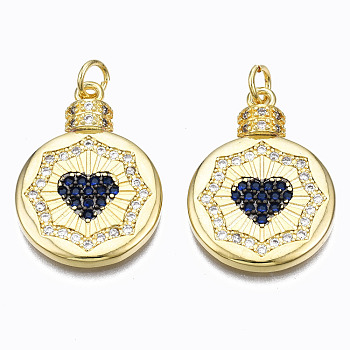 Brass Micro Pave Cubic Zirconia Pendants, with Jump Rings, Nickel Free, Flat Round with Heart, Real 16K Gold Plated, Midnight Blue, 24.5x18x3mm, Hole: 3mm