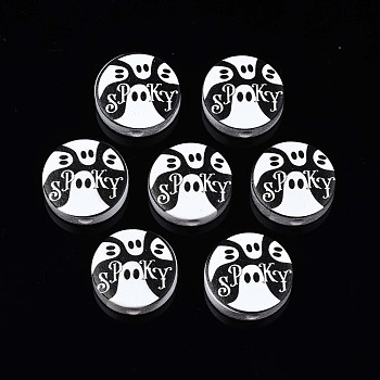 Halloween Printed Natural Wood Beads, Flat Round with Ghost & Word Spooky, Black, 19~20x5.9mm, Hole: 2~2.2mm