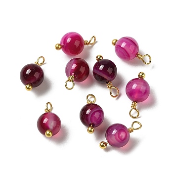 Dyed Natural Agate Round Charms with Real 18K Gold Plated Brass Loops, Camellia, 10.5~11.5x5.5~6mm, Hole: 1.5~1.6mm