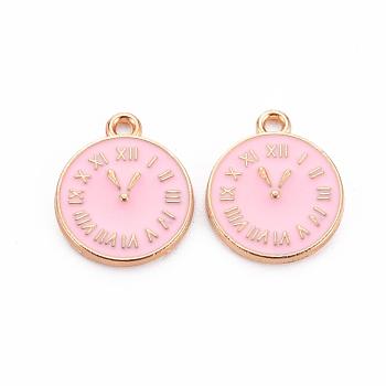 Clock Alloy Enamel Pendants, Pink, 17x14.5x1.5mm, Hole: 1.5mm