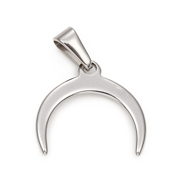 304 Stainless Steel Pendants, Double Horn/Crescent, Stainless Steel Color, 18.5x20x1.5mm, Hole: 3.5x6.5mm