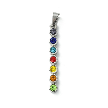 304 Stainless Steel Pendants, with Rhinestone, Chakra Flat Round, Stainless Steel Color, 40x5x4mm, Hole: 7.5x3mm