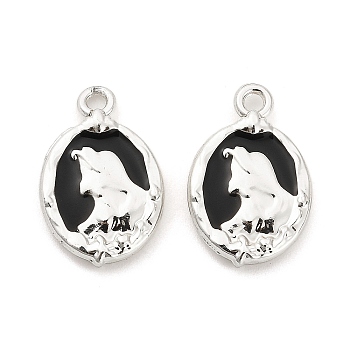 Rack Plating Alloy Black Enamel Pendants, Oval with Girl Charm, Platinum, 20x13x3mm, Hole: 1.6mm