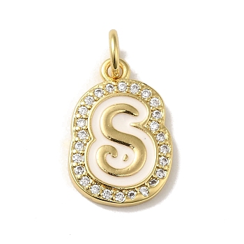 Brass Micro Pave Cubic Zirconia Pendants, with Jump Rings, Real 18K Gold Plated, Letter S, 19x13x2mm, Hole: 3.8mm