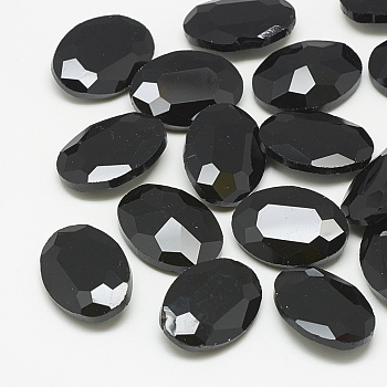 Pointed Back Glass Rhinestone Cabochons, Faceted, Oval, Jet, 10x8x4mm