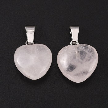 Heart Natural Rose Quartz Pendants, with Platinum Plated Brass Findings, 17~19x15~16x5~8mm, Hole: 2x7mm