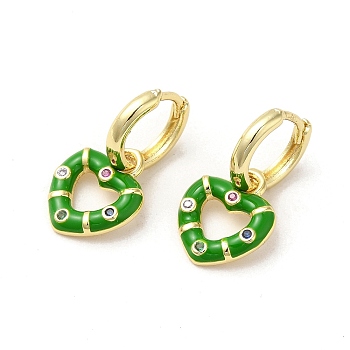 Heart Real 18K Gold Plated Brass Dangle Hoop Earrings, with Cubic Zirconia and Enamel, Green, 21.5x11.5mm
