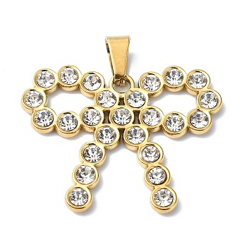 Ion Plating(IP) 304 Stainless Steel Rhinestone Pendants, Bowknot, Clear, 25x31.5x2.5mm, Hole: 7x4.5mm