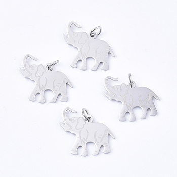 201 Stainless Steel Pendants, with Jump Rings, Elephant, Stainless Steel Color, 18.5x20x1mm, Hole: 3mm, Jump Ring: 5x0.8mm