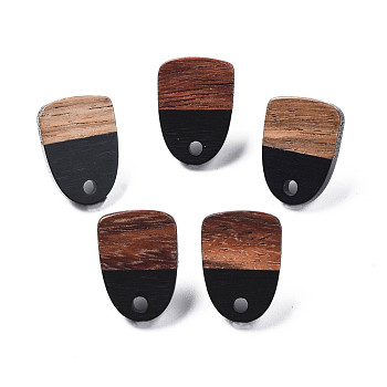 Opaque Resin & Walnut Wood Stud Earring Findings, with 304 Stainless Steel Pin and Hole, Two Tone, Half Oval, Black, 15x11mm, Hole: 1.8mm, Pin: 0.7mm