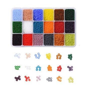 48000PCS 18 Colors 12/0 Grade A Round Glass Seed Beads, Transparent Frosted Style, Mixed Color, 2x1.5mm, Hole: 0.8mm, 25g/color, about 48000pcs/box