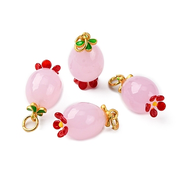 Handmade Lampwork Pendants, with Matte Gold Color Brass Findings, Fruit, with Jump Ring, Pink, 21.5~22.5x12mm, Hole: 4mm
