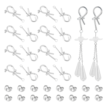8 Pair Brass Knot Stud Earring Findings, with Horizontal Loops & 16Pcs Iron Ear Nuts, Platinum, 32x11x8mm, Hole: 2.2mm, Pin: 0.7mm