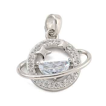 Brass Micro Pave Clear Cubic Zirconia Pendant, with Resin, Planet, Platinum, 17x20x6mm, Hole: 4.5x3.8mm
