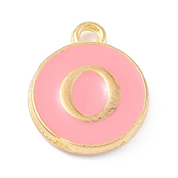 Golden Plated Alloy Enamel Charms, Enamelled Sequins, Flat Round with Alphabet, Letter.O, Pink, 14x12x2mm, Hole: 1.5mm
