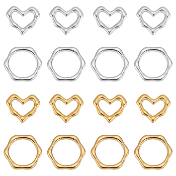 DICOSMETIC 16Pcs 4 Style Hexagon & Heart 304 Stainless Steel Linking Rings, Golden, 13~14x15x2.5mm, Inner Diameter: 5~10mm, 4pcs/color