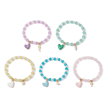 Glass Round Beaded Stretch Bracelets, with Alloy Wing & 304 Stainless Steel Heart Charms, Mixed Color, Inner Diameter: 2-1/8 inch(5.4cm)