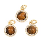 Natural Tiger Eye Round Charms with Brass Micro Pave Clear Cubic Zirconia Settings, Real 18K Gold Plated, 11x9x6mm, Hole: 3mm(KK-H538-16G)