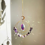 Electroplate Glass Teardrop Window Hanging Suncatchers, Natural Amethyst Chips & Golden Brass Moon Pendants Decorations Ornaments, 330x85mm(DJEW-PW0008-13E)