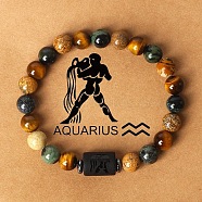 Twelve Constellations Natural Tiger Eye & Picture Jasper & Rhyolite Jasper Round & Column Beaded Stretch Bracelets for Women Men, with Gift Card, Aquarius, 2-3/8 inch(6cm)(WG6FA5D-01)