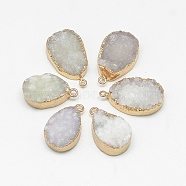Natural Druzy Agate Pendants, Dyed, teardrop, with Golden Tone Brass Findings, Light Grey, 27~35x17~21x5~12mm, Hole: 1~2mm(G-Q494-68C)