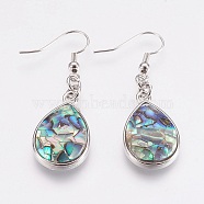 Natural Abalone Shell/Paua Shell Dangle Earrings, with Platinum Tone Brass Findings, teardrop, Colorful, 47mm, Pin: 0.7mm(X-EJEW-F158-A02)
