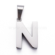 Non-Tarnish 304 Stainless Steel Letter Pendants, Manual Polishing, Alphabet, Stainless Steel Color, Letter.N, 18.5x12x4mm, Hole: 6.5x3.5mm(STAS-H127-N-P)