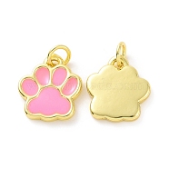 Rack Plating Brass Enamel Charms, with Jump Ring, Long-Lasting Plated, Real 18K Gold Plated, Cadmium Free & Lead Free, Dog's Paw Print, Pink, 11.5x10x1.5mm, Jump Ring: 4x0.6mm, Inner Diameter: 2.5mm(KK-C008-17G-02)