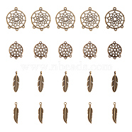 PandaHall Elite DIY Jewelry Making, with Alloy Chandelier Components Links and Pendants, Flat Round and Feather, Antique Bronze, 8.2x8.2x2.7cm, 120pcs/set(DIY-PH0019-84AB)