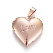 304 Stainless Steel Locket Pendants, Photo Frame Charms for Necklaces, Heart with Word Love, For Valentine's Day, Rose Gold, 29x29x6.5mm, 20x21mm Inner Diameter, Hole: 5x9.5mm(STAS-O116-04F-RG)