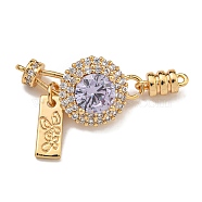 Brass Micro Pave Clear Cubic Zirconia Fold Over Clasps, Flat Round, Real 18K Gold Plated, Lavender, 35x6.5x5.5mm, Hole: 1.2mm(KK-U037-24G-02)