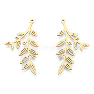 201 Stainless Steel Pendants, Leafy Branch Charms,  Leaf, Real 18K Gold Plated, 37.5x21x1mm, Hole: 1.5mm(STAS-N090-LA968-2)