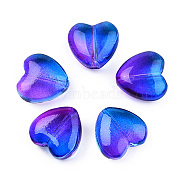 Transparent Spray Painted Glass Beads, Two Tone, Heart, Blue, 12x12x5.5mm, Hole: 1mm(X-GLAA-N035-030-G01)