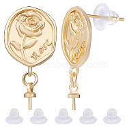 10Pcs Brass Stud Earring Findings, with 925 Sterling Silver Pins, for Half Drilled Bead, Nickel Free, Twist Oval with Flower and Word Rose, with 10Pcs Plastic Ear Nuts, Real 18K Gold Plated, 23x12mm, Pin: 0.7mm(KK-BBC0009-25)