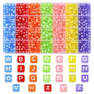 1190Pcs 7 Colors Transparent Acrylic Beads, Cube with White Random Mixed Letters, Mixed Color, 6x6x6mm, Hole: 3.5mm, 170pcs/color(TACR-YW0001-58)
