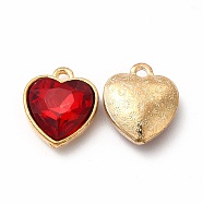 Faceted Glass Rhinestone Pendants, with Golden Tone Zinc Alloy Findings, Heart Charms, Red, 16.5x14x6.5mm, Hole: 1.6mm(GLAA-I051-B16)