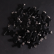 Natural Black Stone Pendants, with Platinum Tone Brass Findings, Cross, 25x18mm(G-PW0006-02P-09)