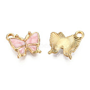 Light Gold Plated Alloy Charms, with Enamel, Butterfly, Pearl Pink, 13x13.5x2.5mm, Hole: 1.8mm(X-ENAM-T009-03E)