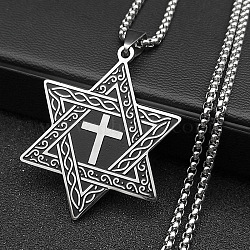 304 Stainless Steel Star of David with Cross Pendant Necklaces, Box Chain Necklaces for Women, Stainless Steel Color, 19.57 inch(49.7cm)(NJEW-S007-07P)