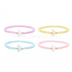 Opaque Acrylic & Brass Beaded Stretch Bracelets, Glass Butterfly Jewelry for Women, Mixed Color, Inner Diameter: 2-1/4 inch(5.75cm)(BJEW-JB09122)